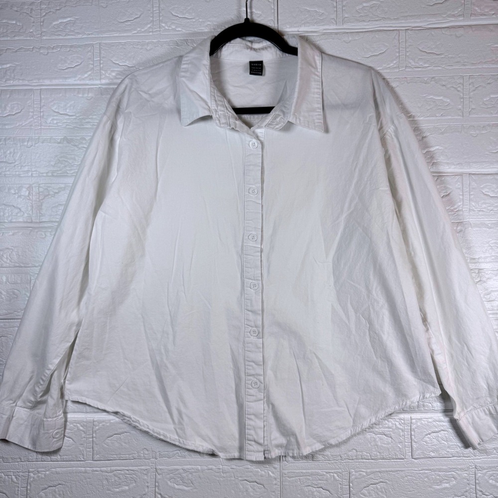 Button Down Shirt Womens Large White Long Sleeve Collared Blouse